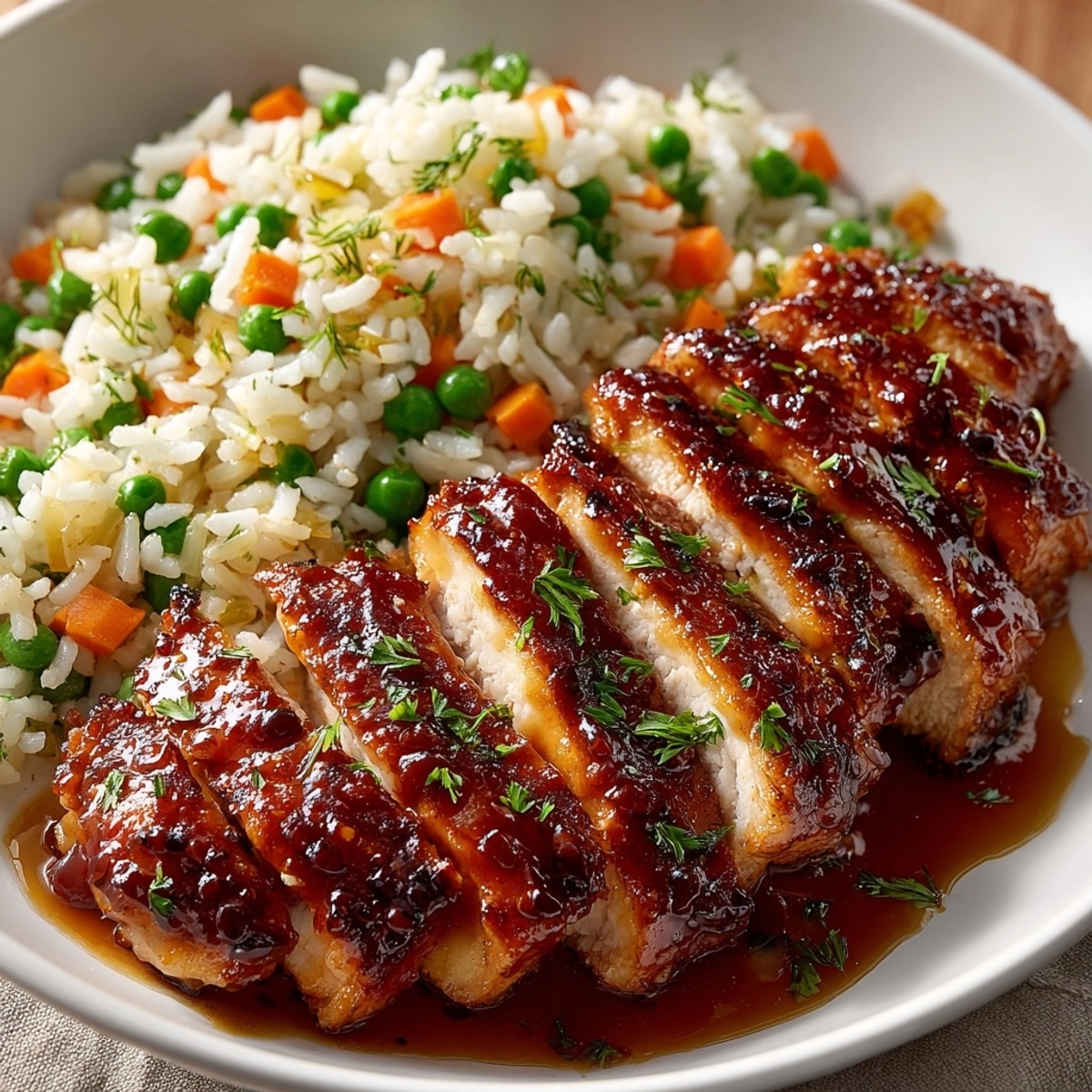 Juicy honey BBQ chicken breast glazed and served over vegetable pilaf, ready for dinner.