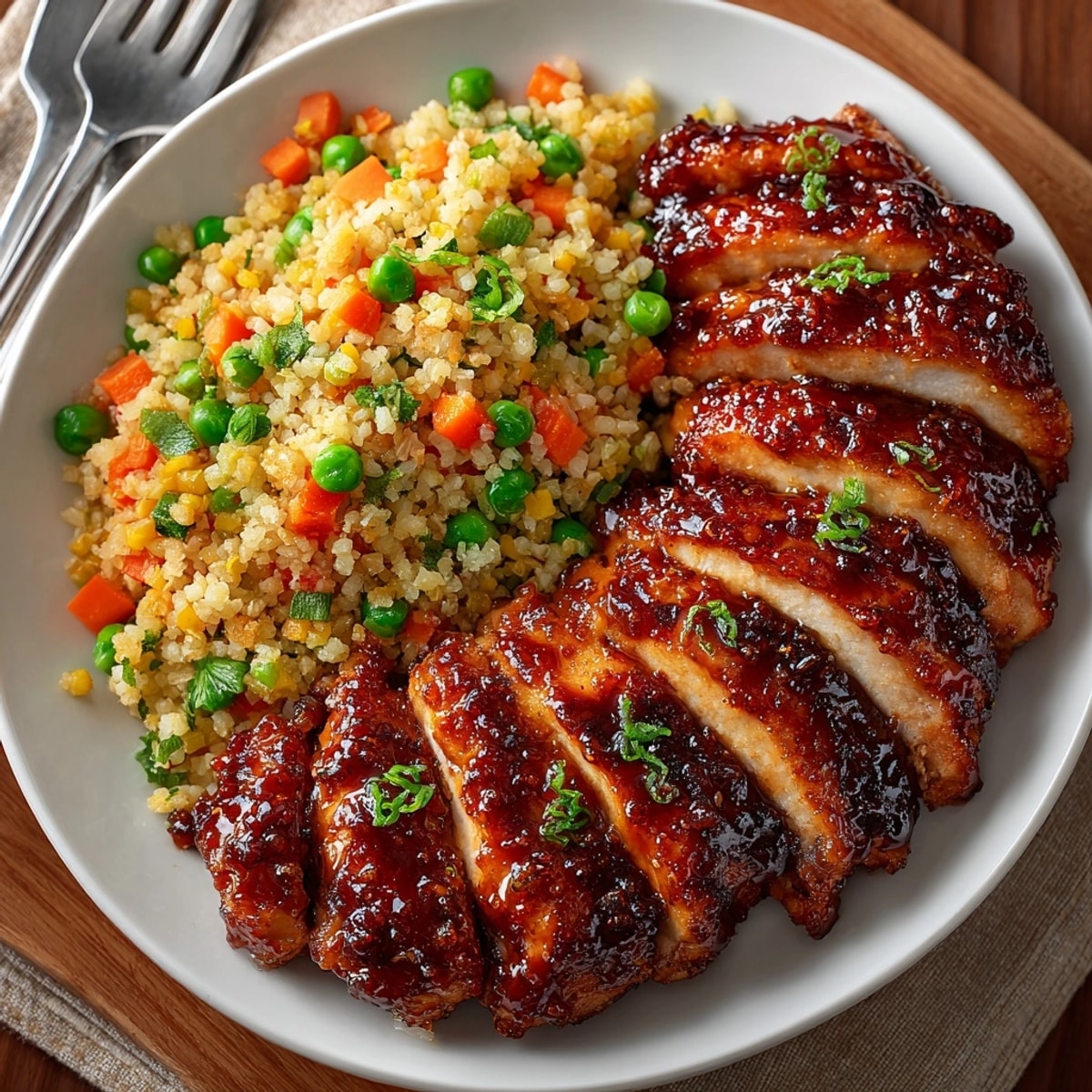 Oven-baked honey BBQ chicken paired with aromatic pilaf, perfect for a weeknight family meal.
