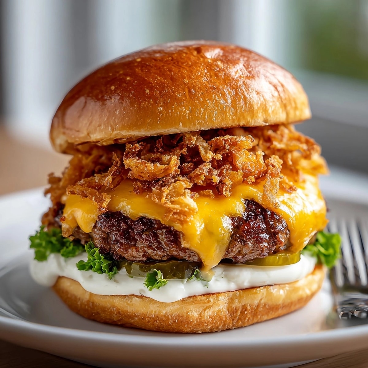 Aged Cheddar Smash Burgers with crispy onions on a toasted brioche bun, melted cheese dripping.