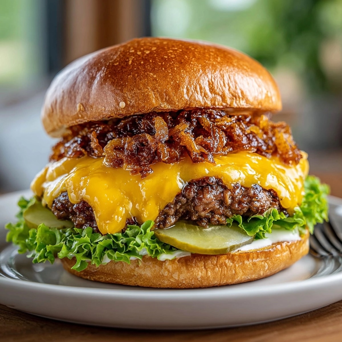 Golden crispy onions piled atop juicy Aged Cheddar Smash Burgers, ready to serve hot and fresh.