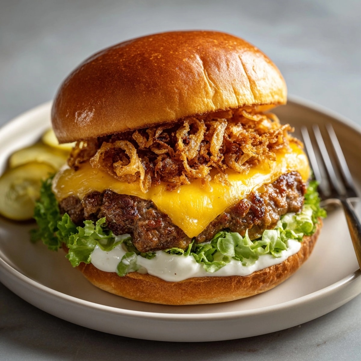 A platter of Aged Cheddar Smash Burgers with crispy onions and lettuce, perfect for summer grilling.