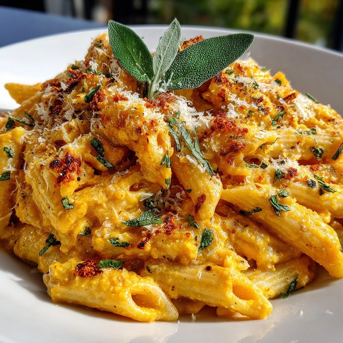 One-Pot Creamy Butternut Squash & Sage Pasta served in a bowl with glistening sage garnish.