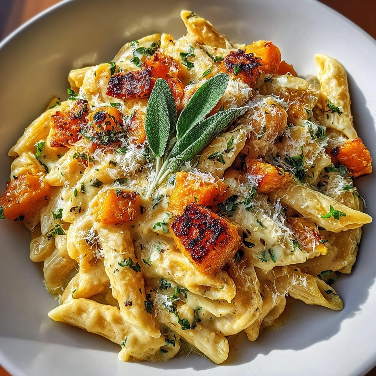 Steaming one-pot creamy butternut squash &amp; sage pasta, coated in velvety parmesan sauce.