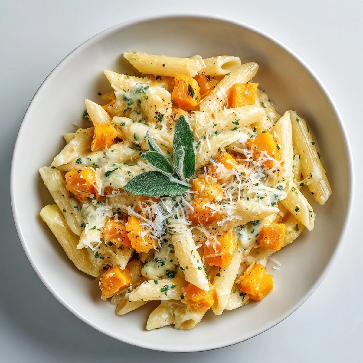 Hearty one-pot creamy butternut squash &amp; sage pasta finished with golden fried sage leaves.