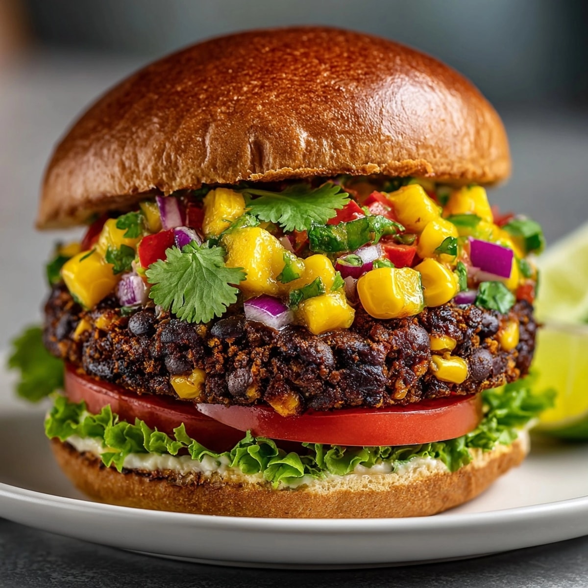 Black Bean Veggie Burgers with Mango Avocado Salsa stacked on toasted buns with crisp lettuce and tomato.