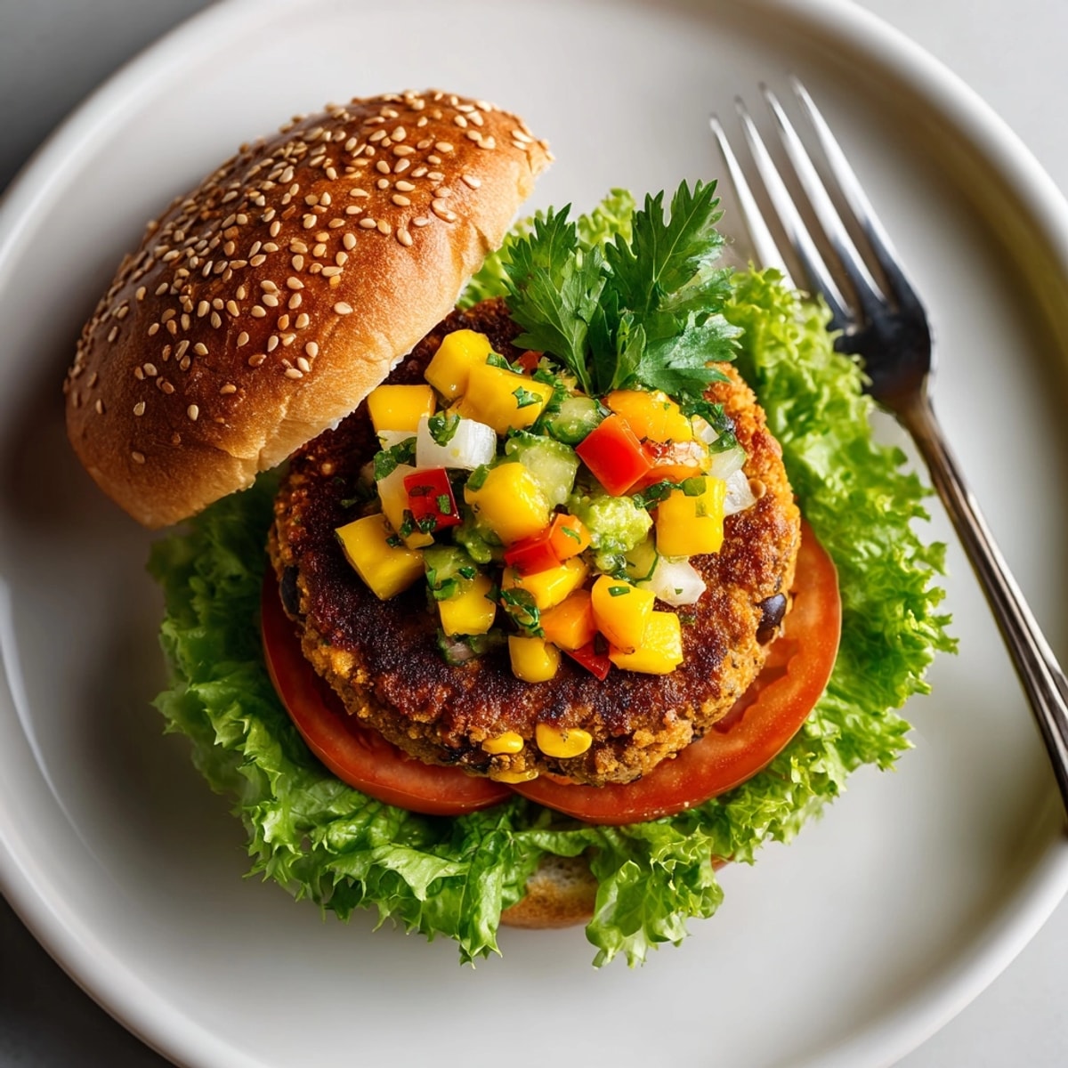 Freshly made Black Bean Veggie Burgers with Mango Avocado Salsa, perfect for a vibrant vegetarian meal.
