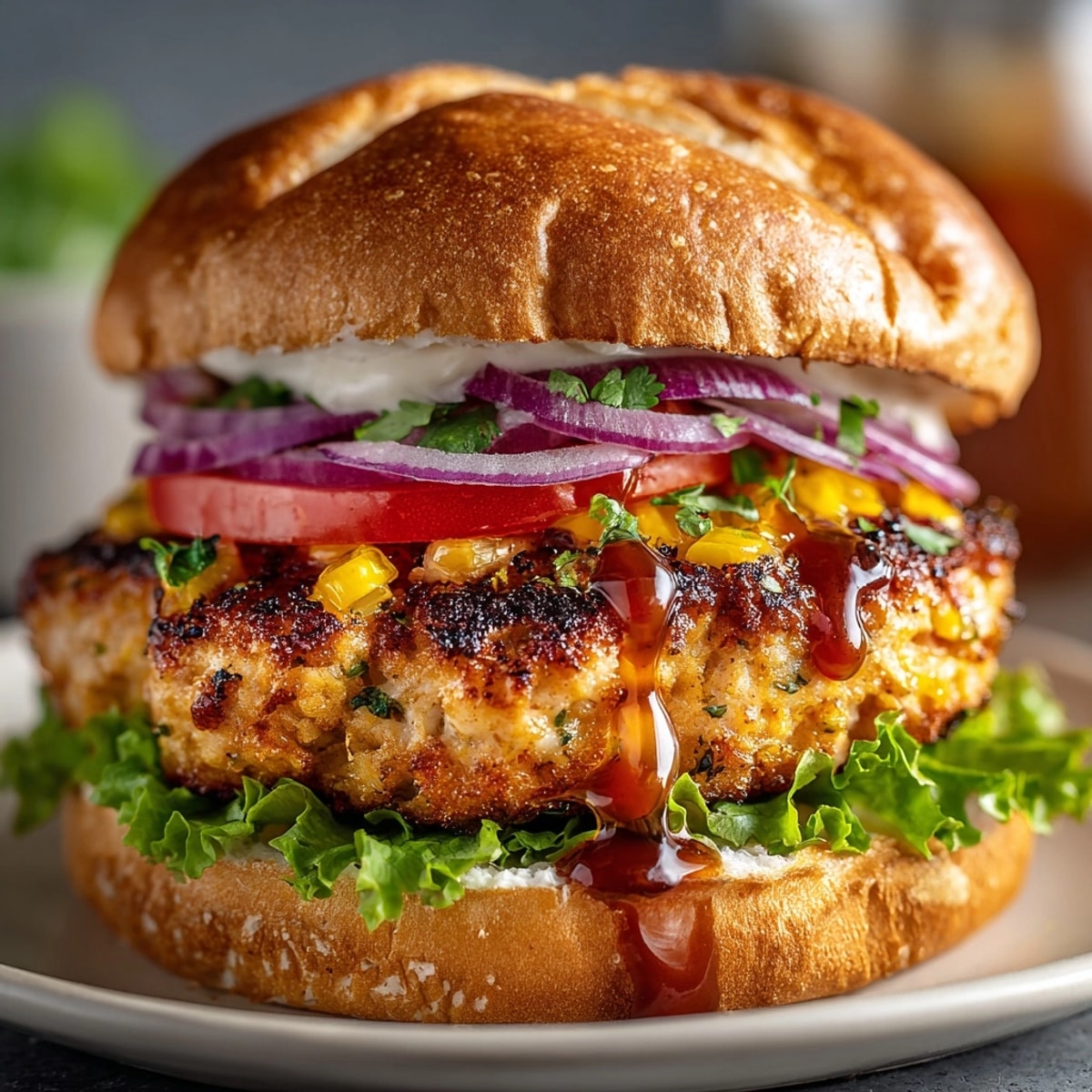 Spicy Turkey Burgers with Honey Chipotle Sauce on toasted buns, topped with crisp lettuce and fresh tomato.
