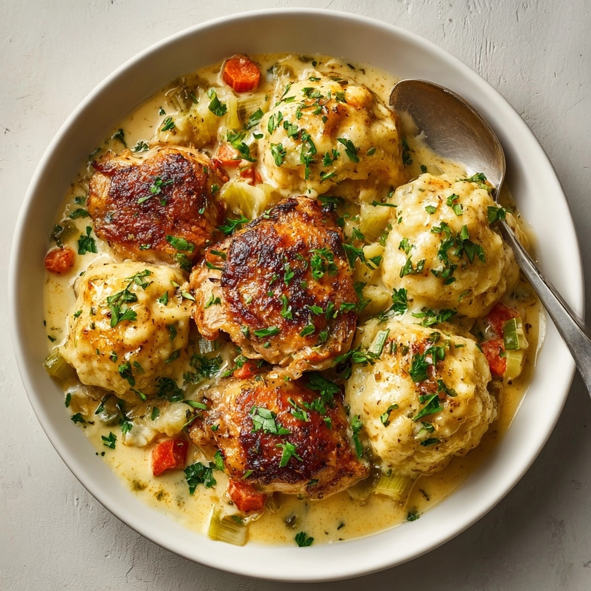 Southern Chicken & Dumpling Comfort Skillet bubbling in a cast iron skillet, topped with fluffy golden dumplings.