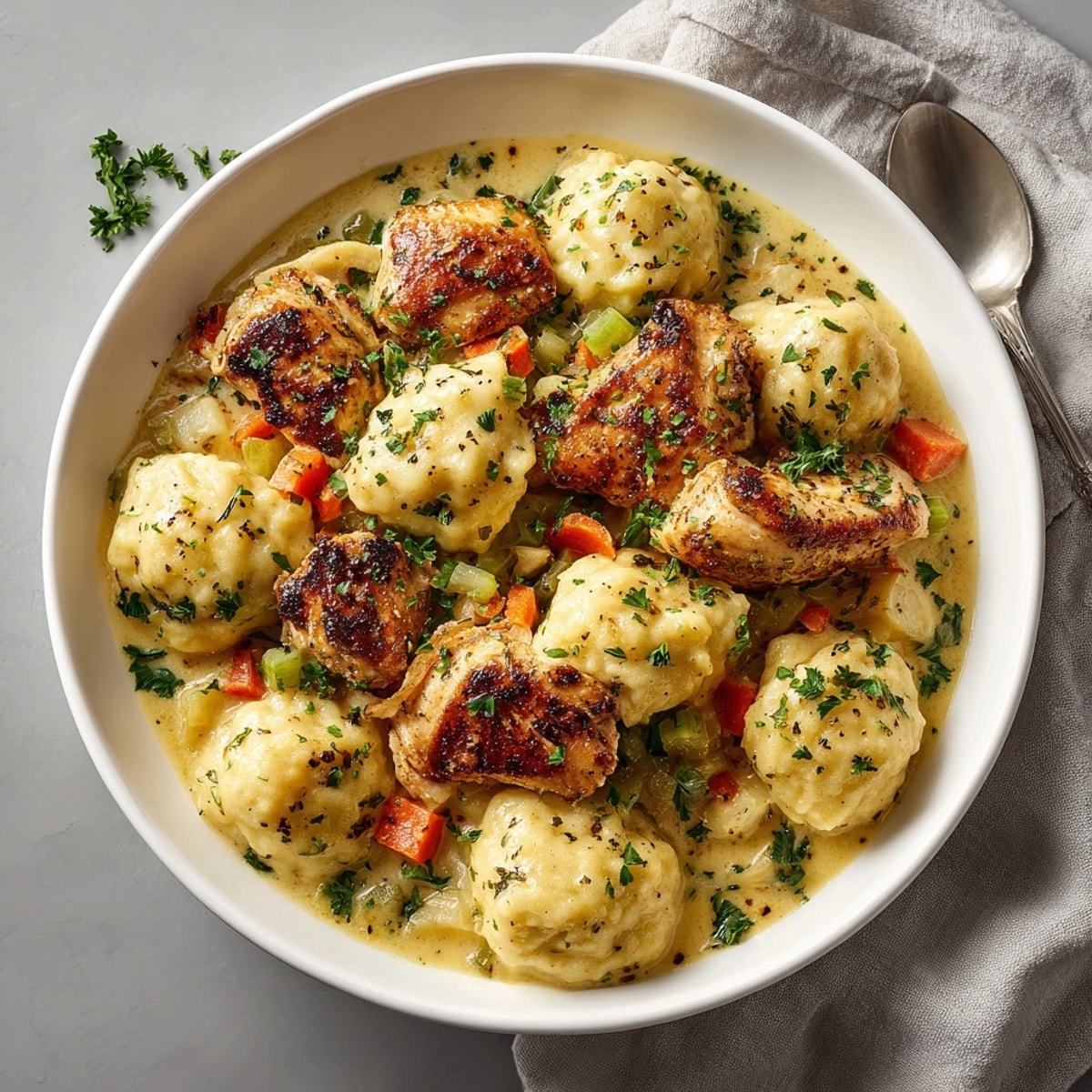 Hearty Southern Chicken &amp; Dumpling Comfort Skillet with savory gravy and soft, homemade dumplings ready to enjoy.