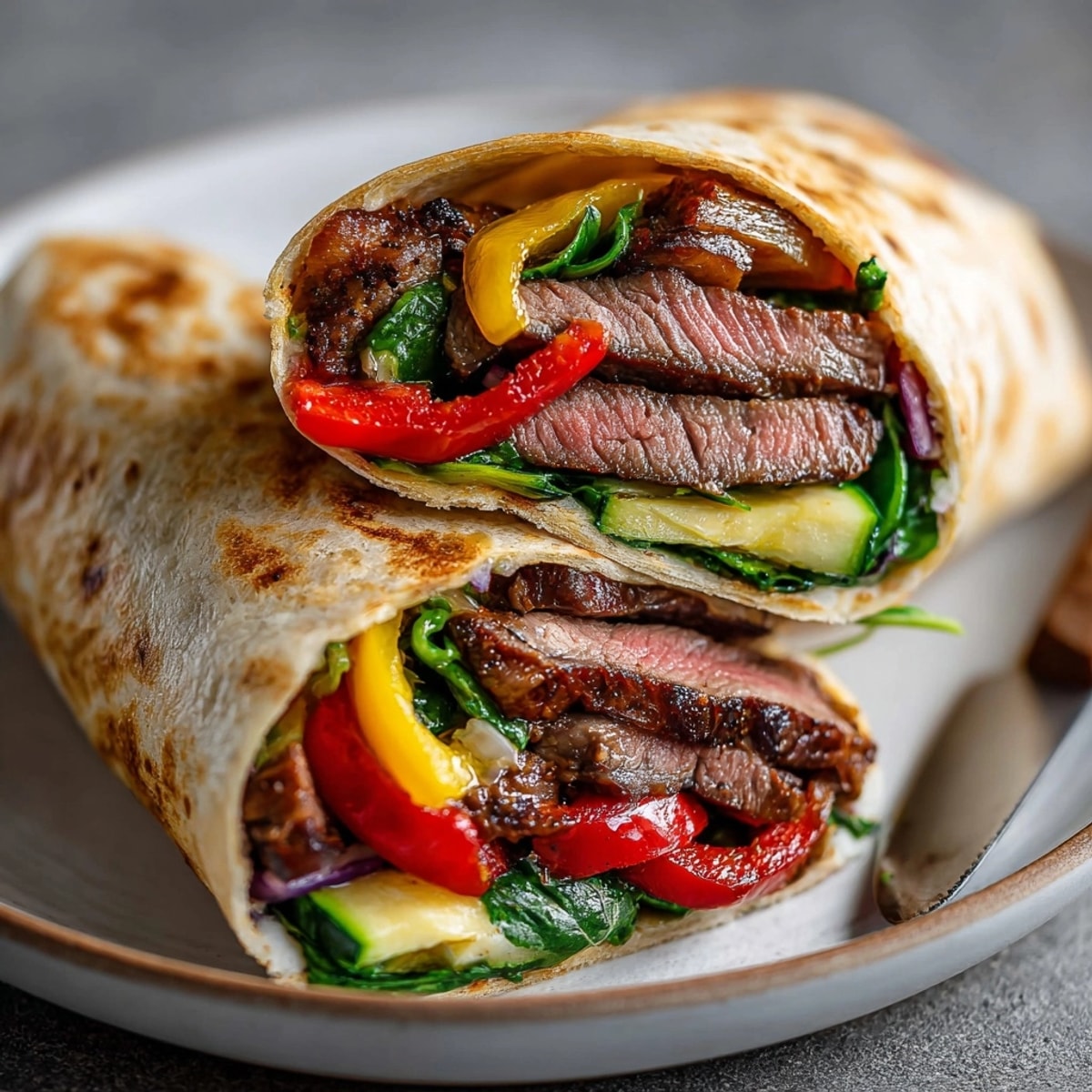 Pepper Steak Wraps with Roasted Vegetables stacked on a plate, juicy steak slices visible inside.