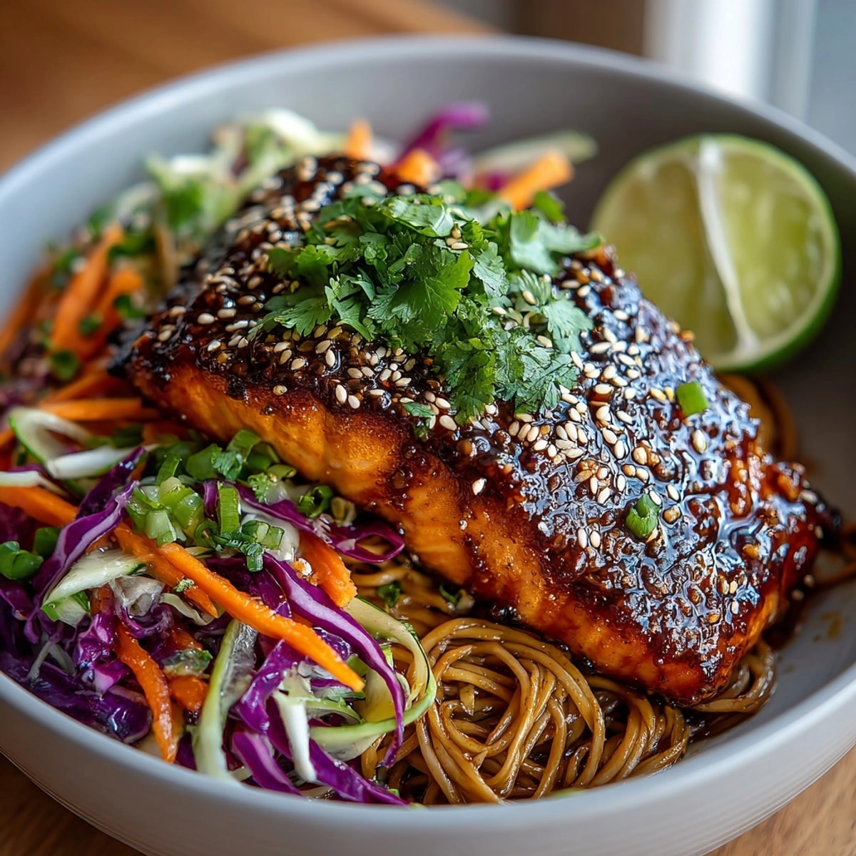Teriyaki Salmon Soba Bowl with Crunchy Slaw featuring glazed salmon atop noodles and vibrant veggie slaw.