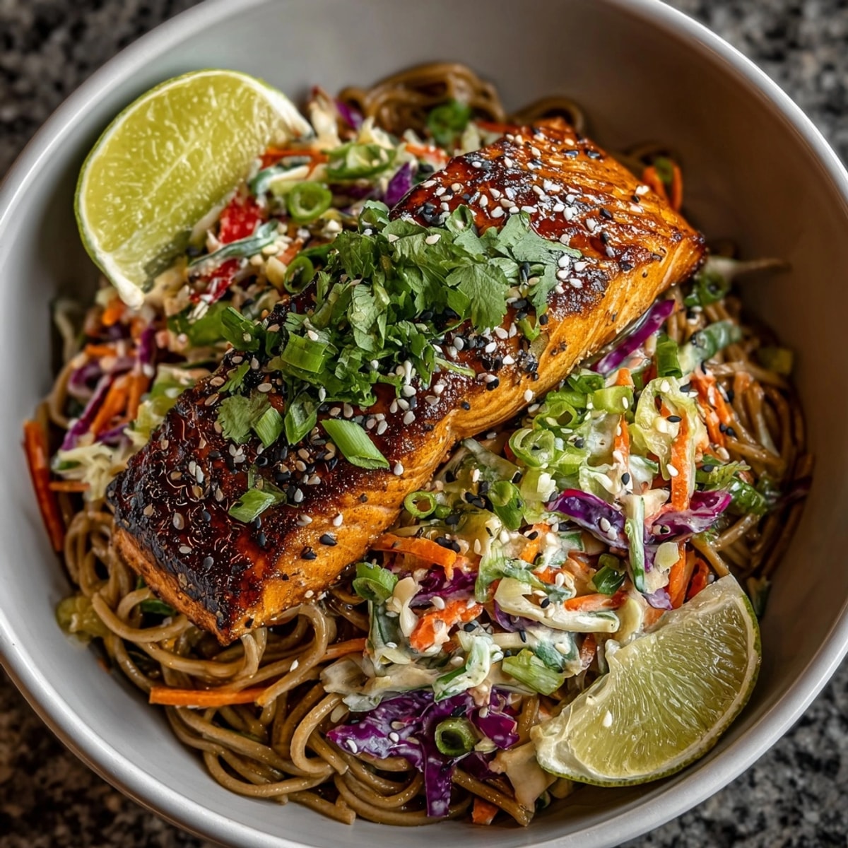 Freshly prepared Teriyaki Salmon Soba Bowl with Crunchy Slaw, colorful vegetables, and tangy sauce ready to serve.