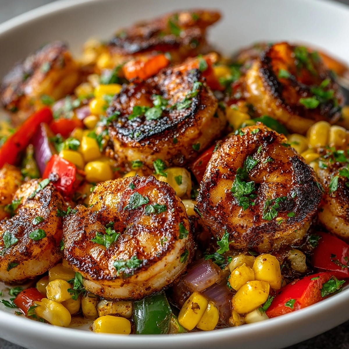 Colorful Cajun Shrimp Skillet with Charred Corn served hot in a rustic cast-iron pan.