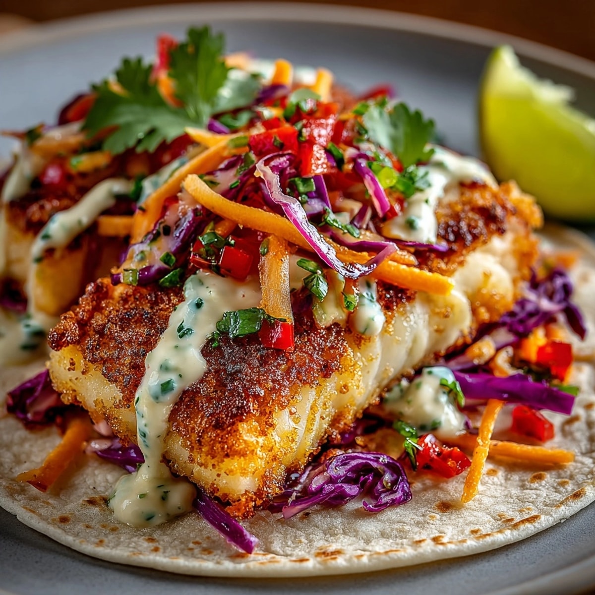 Crispy Cod Tacos with Lime-Cilantro Sauce served in warm tortillas with fresh cabbage slaw.
