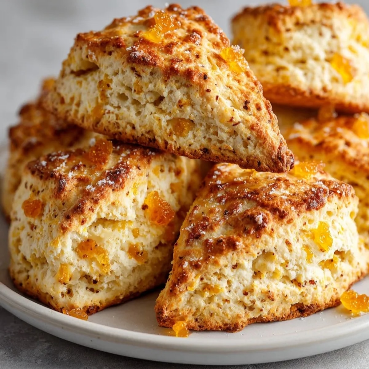 Freshly baked orange chai scones with golden crust, cooling on a parchment-lined tray.