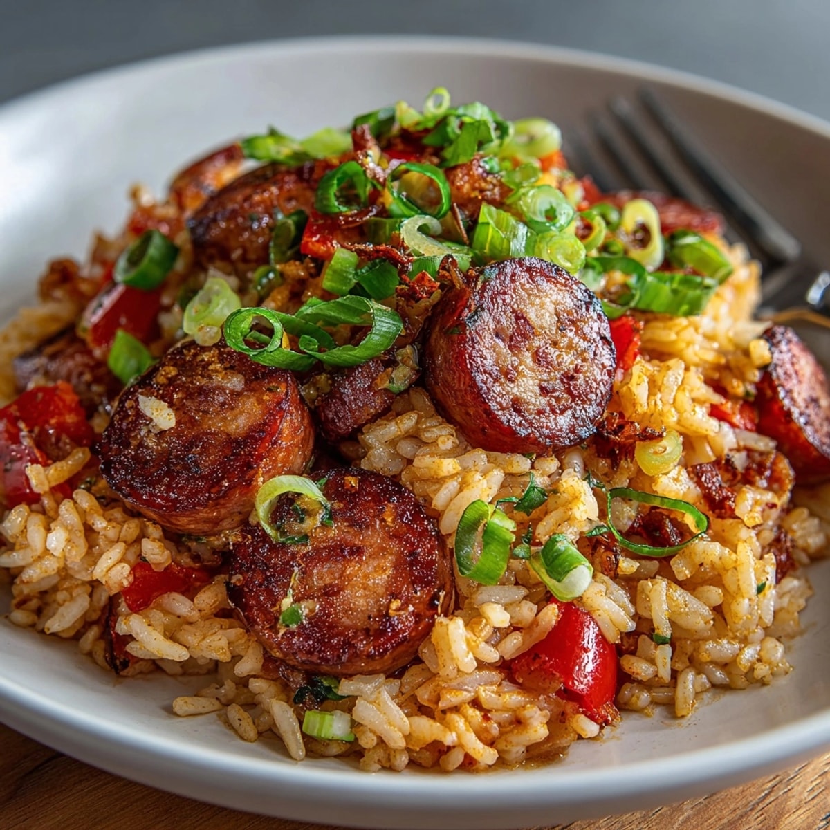 Smoky Sausage Jambalaya Express simmering in a Dutch oven, garnished with fresh spring onions.
