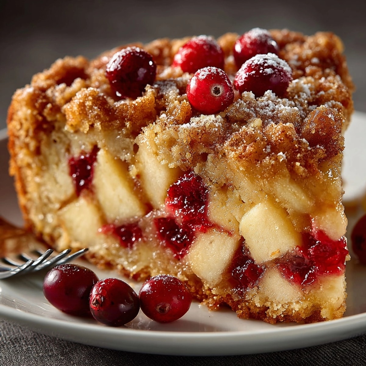 Cranberry-Apple Skillet Cake with golden crisp edges, bursting with tart cranberries and apples.