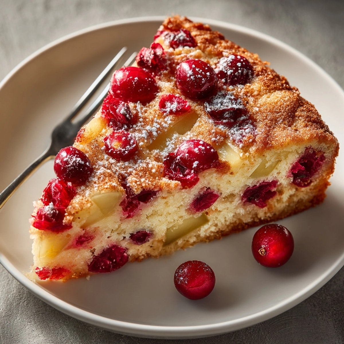 Warm Cranberry-Apple Skillet Cake served with a scoop of vanilla ice cream for dessert.