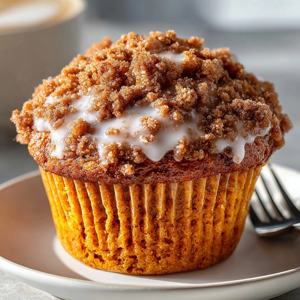 Pumpkin Coffee Cake Muffins with Spiced Crumble topped with golden, buttery streusel on a rustic breakfast table.