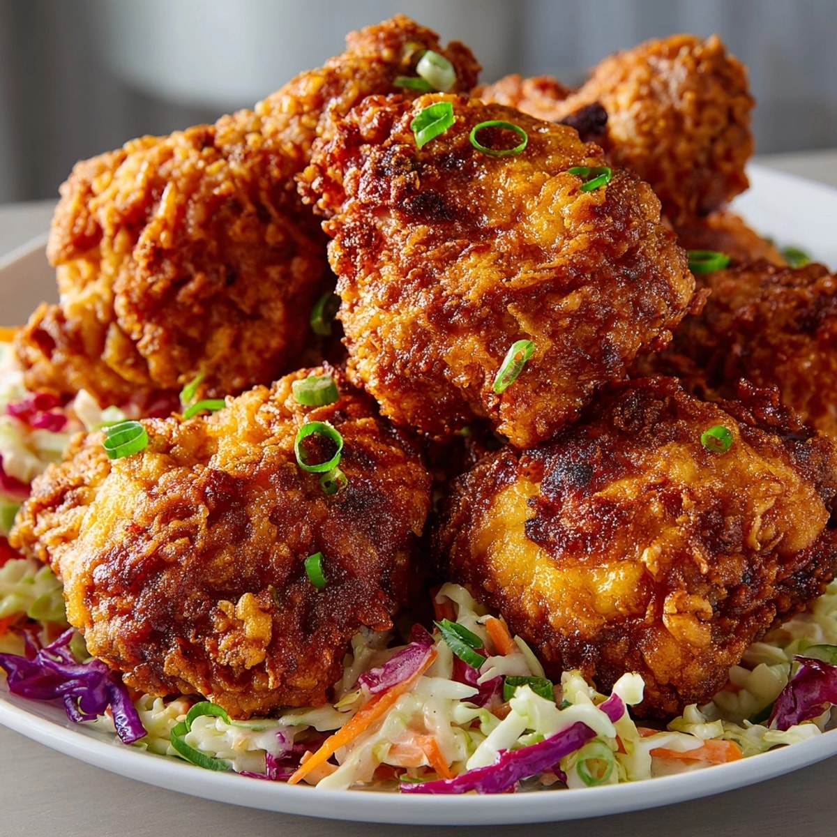 Buttermilk fried chicken with creamy slaw, arranged on a plate, ready for serving.