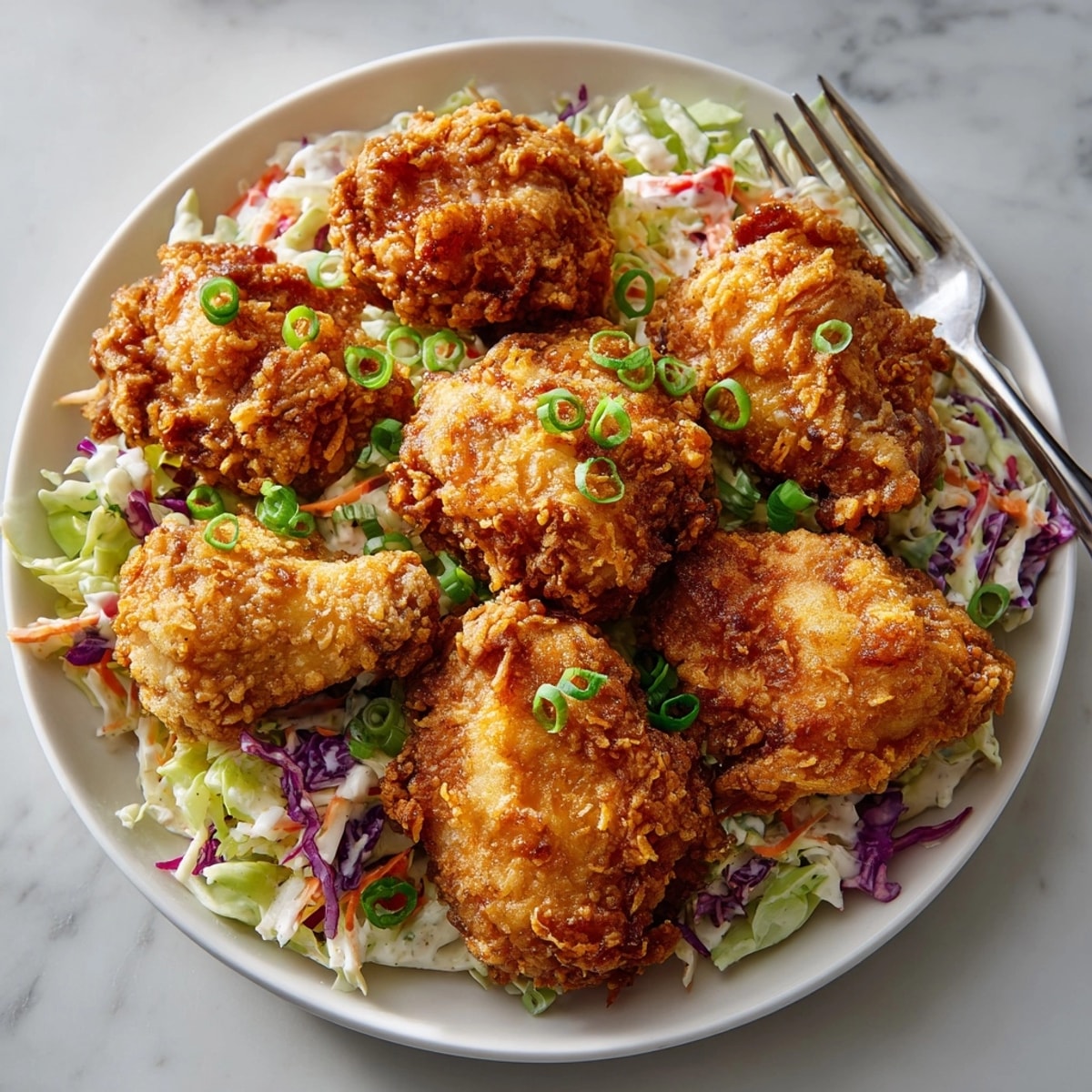 Golden buttermilk fried chicken and tangy creamy slaw close-up, showcasing crunchy textures.