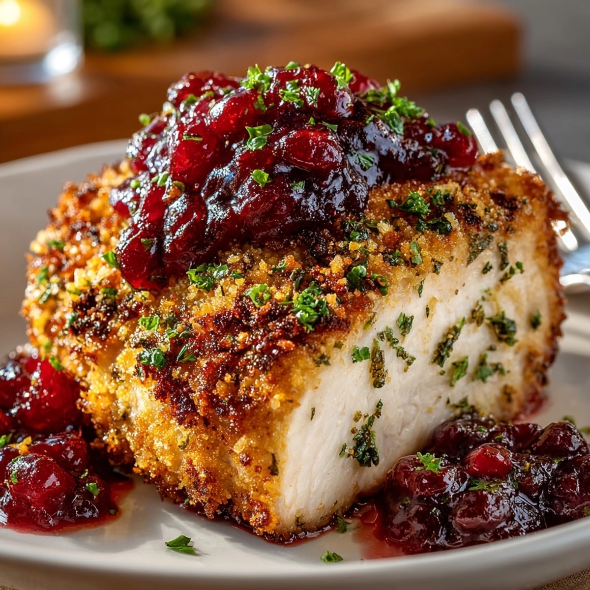 Crusted Turkey Fillets with Quick Cranberry Sauce plated with crisp breadcrumbs and vibrant red sauce garnished with parsley.
