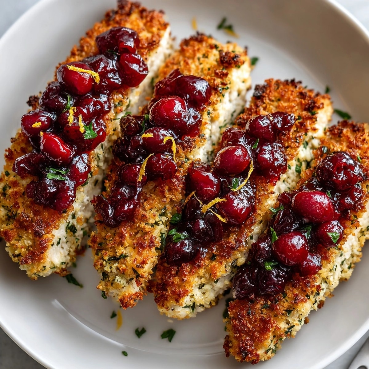 Sliced crusted turkey fillets drizzled with quick cranberry sauce, perfect for a festive dinner plate.