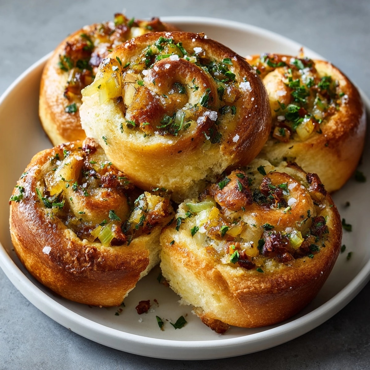 Stuffing rolls with fresh herbs and caramelized onion, warm and golden from the oven.