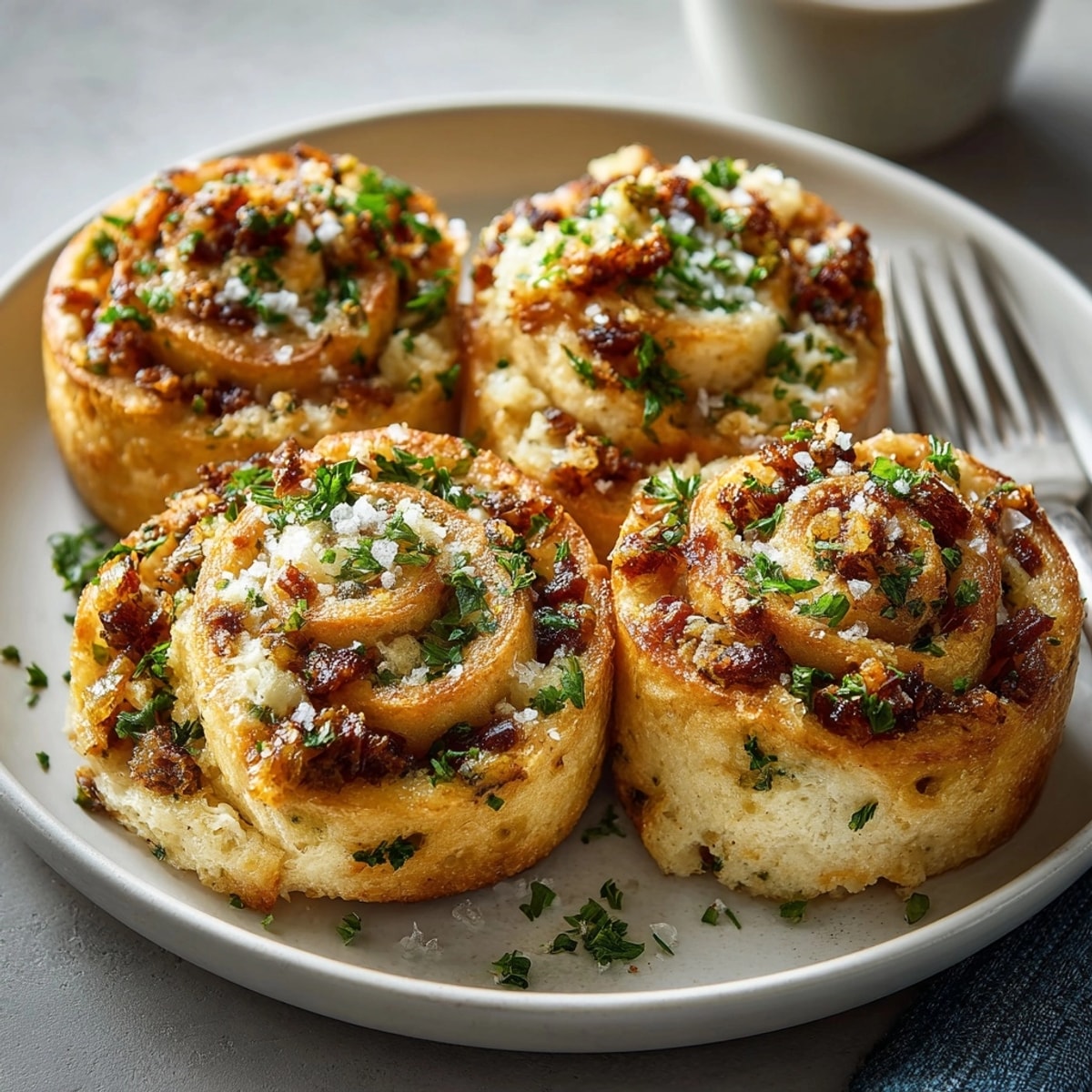 Fluffy stuffing rolls with fresh herbs and caramelized onion, brushed with butter and flaky salt.