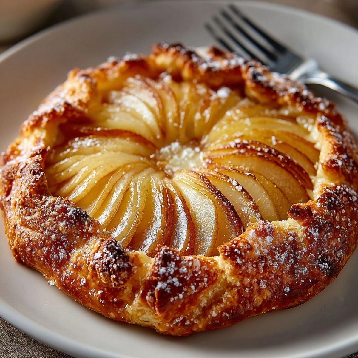 Rustic Pear-Almond Cinnamon Galette with golden, flaky crust and glistening baked pear slices.