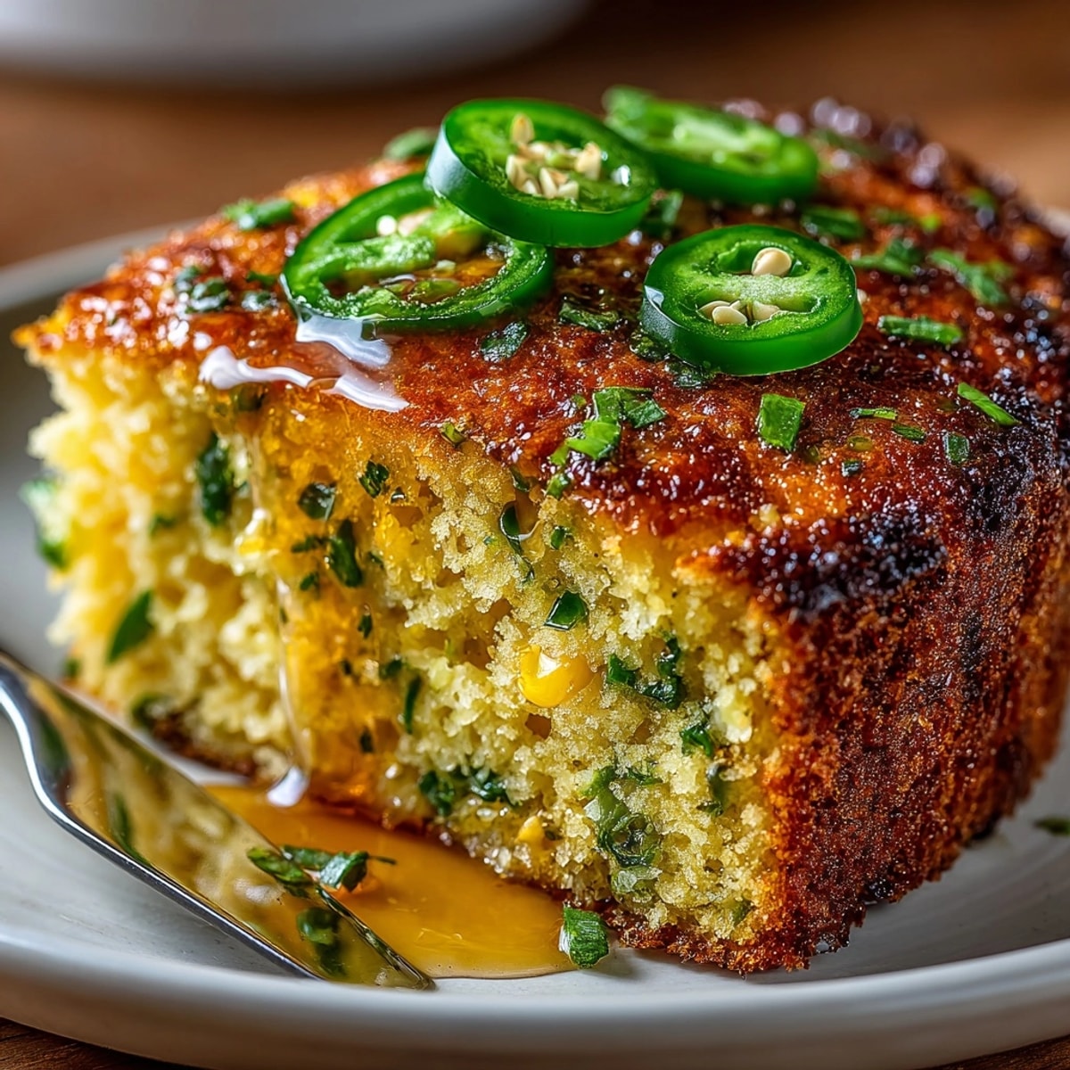 Freshly baked Jalapeño Honey Cornbread with golden crust, honey drizzle, and jalapeño slices on top