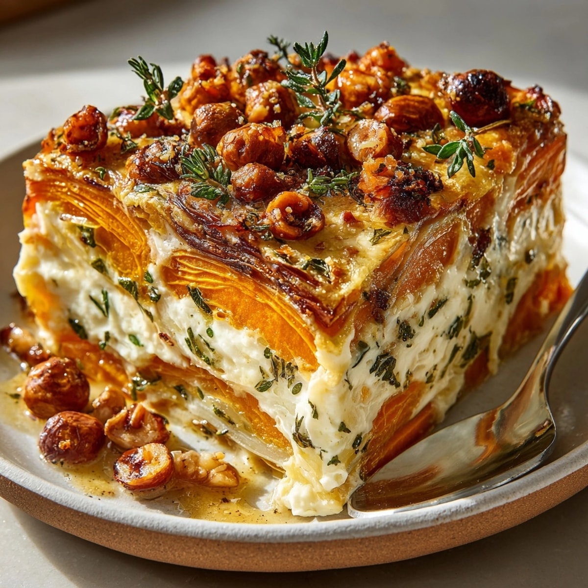 Sweet Potato Gratin with Caramelized Hazelnuts baked golden, topped with glistening crunchy hazelnut pieces