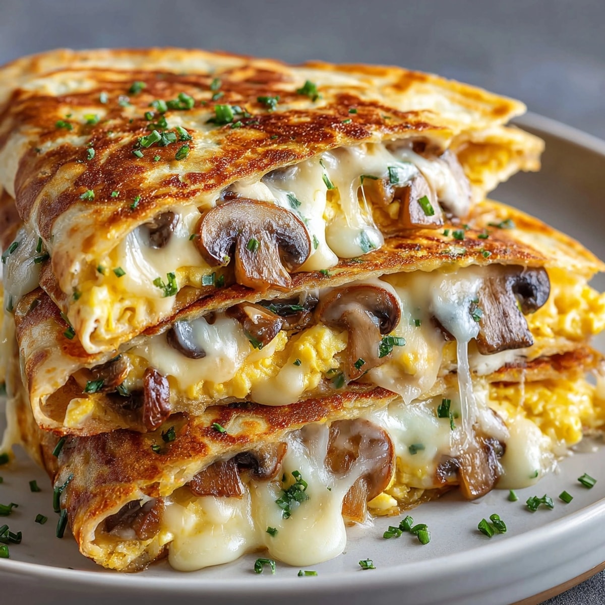 Mushroom & Smoked Gouda Breakfast Quesadillas sliced on a plate, crispy and oozing melted cheese.