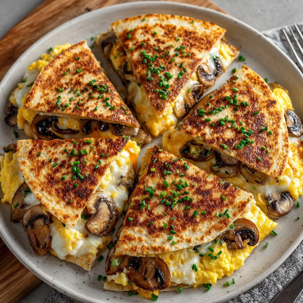 Golden tortillas packed with eggs, mushrooms, and smoked Gouda cheese, perfect for breakfast.