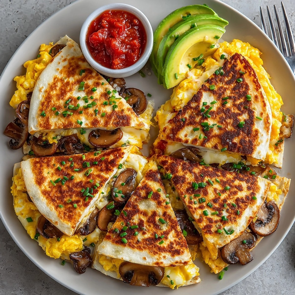 Hearty Mushroom & Smoked Gouda Breakfast Quesadillas served hot with fresh chives and avocado slices.