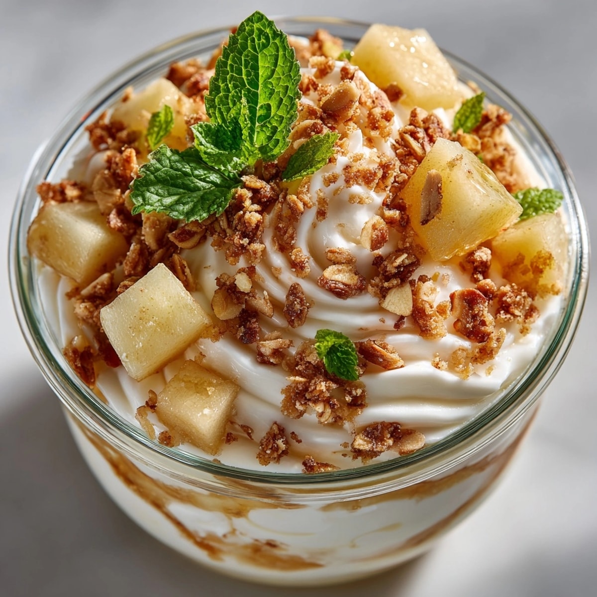 Vanilla Yogurt & Pear Breakfast Parfaits layered in a glass, topped with granola and mint.