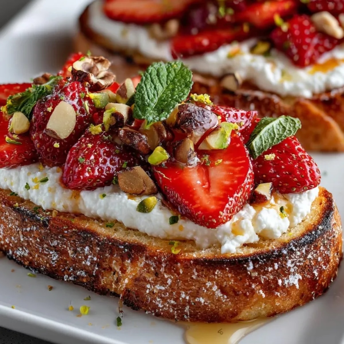 Ricotta Strawberry Toasts with Nut Crunch served on a platter, garnished with fresh mint leaves.