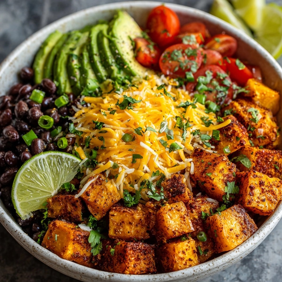 Sweet Potato Black Bean Cheddar Morning Bowl topped with creamy avocado and shredded cheddar cheese.