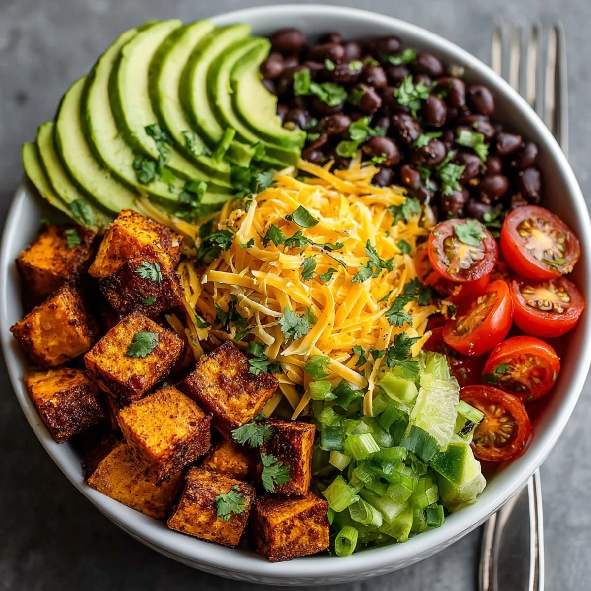 Roasted sweet potatoes and black beans layered with fresh toppings in a breakfast cheddar morning bowl.
