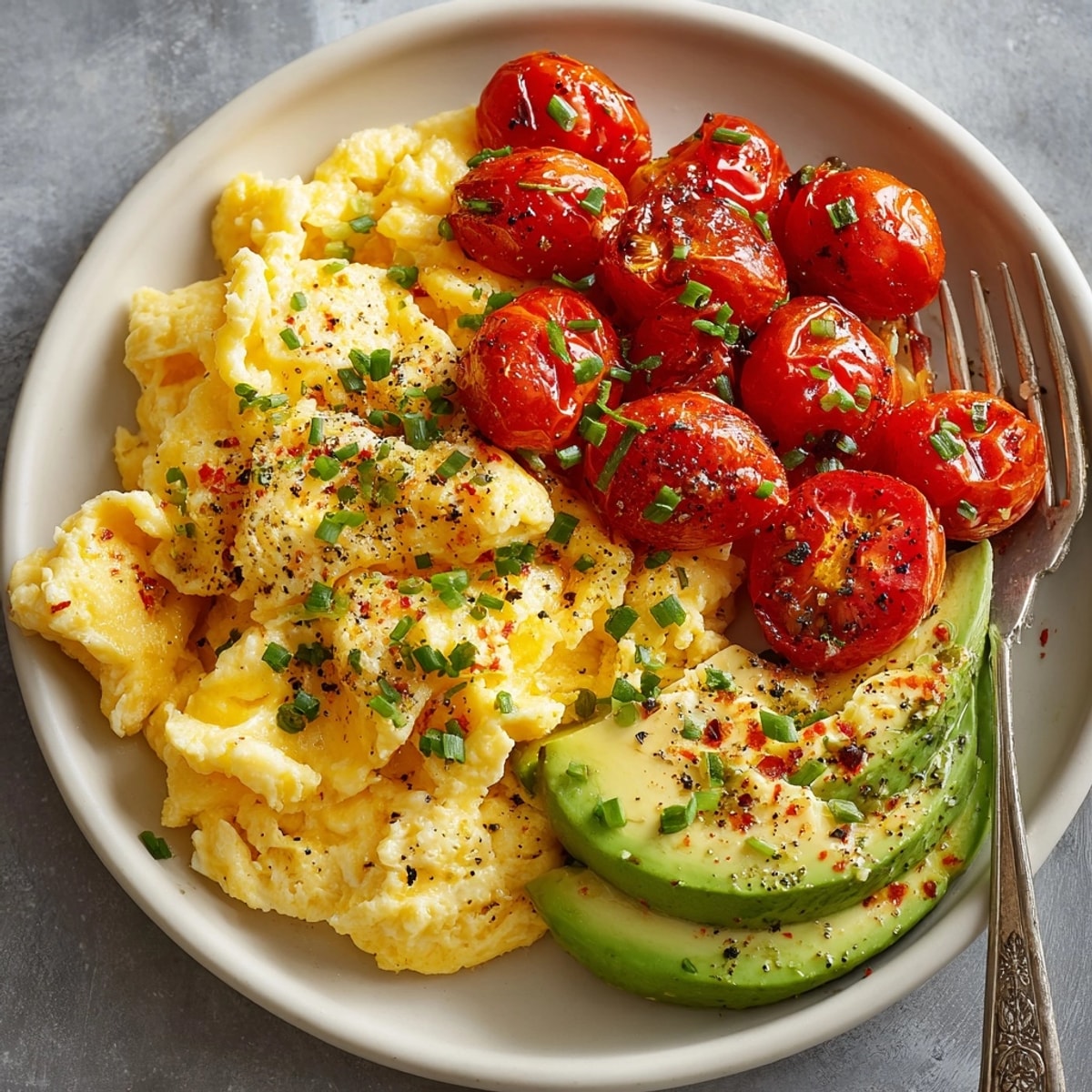 Creamy scrambled eggs with avocado and roasted tomato served warm on a rustic plate.