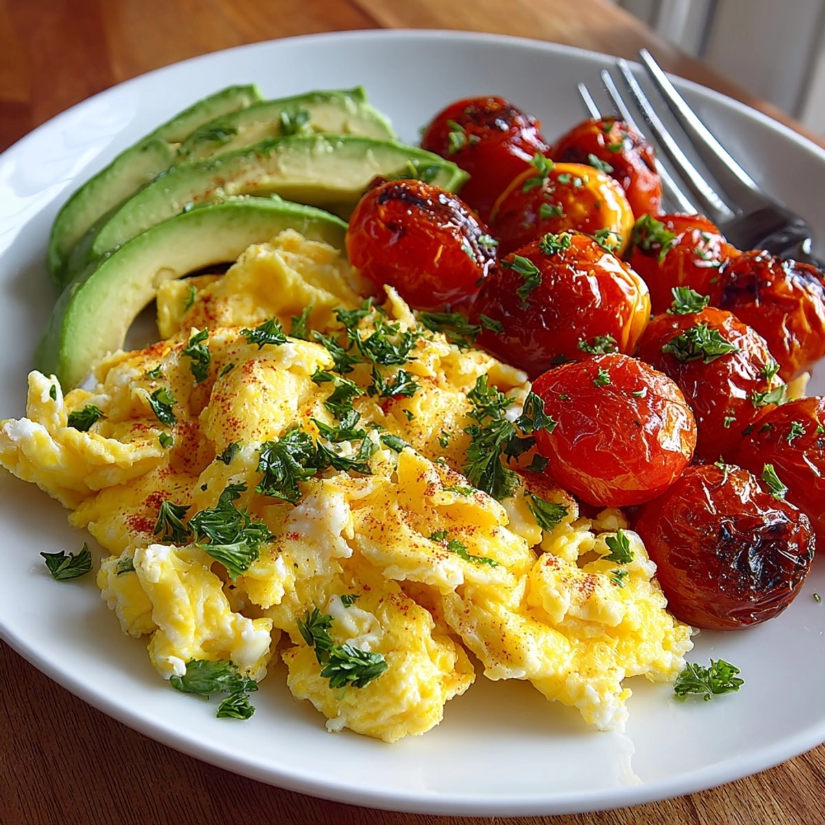 Freshly made creamy scrambled eggs with buttery avocado slices and oven-roasted tomatoes for breakfast.