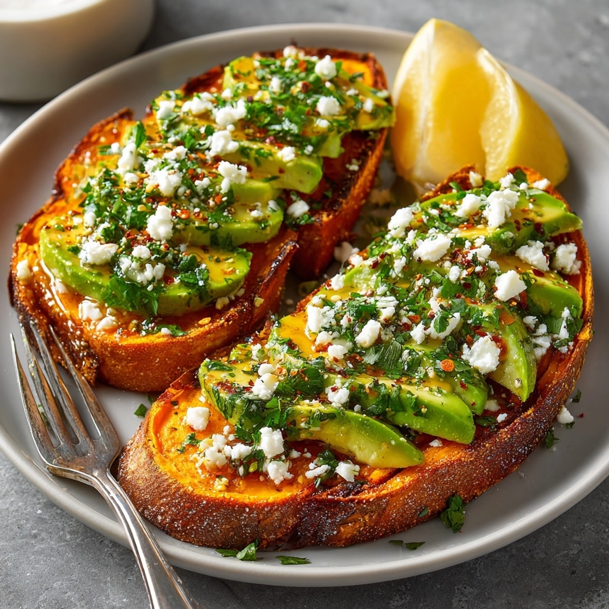 Golden garlic sweet potato toasts roasted crisp, topped with avocado and fresh herbs.