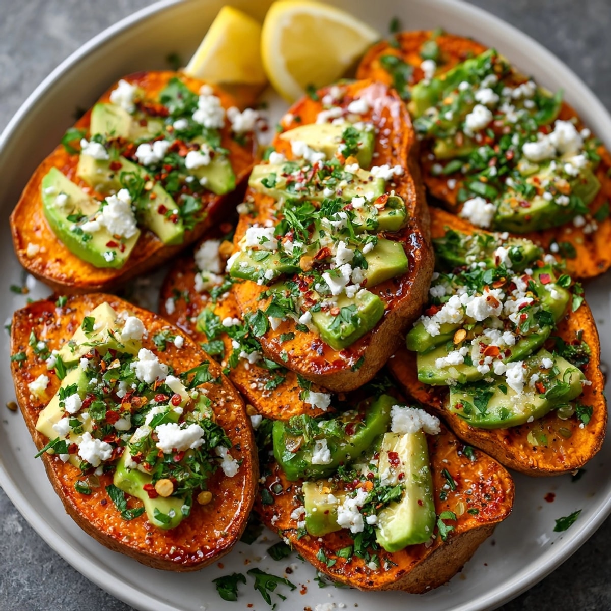 Garlic sweet potato toasts on a baking sheet, glistening with olive oil and sprinkled parsley.