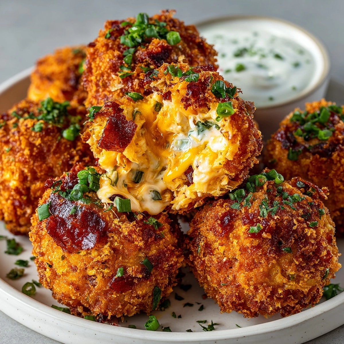 Buffalo Chicken Croquettes with Spicy Ranch, crispy and golden, paired with creamy dipping sauce.