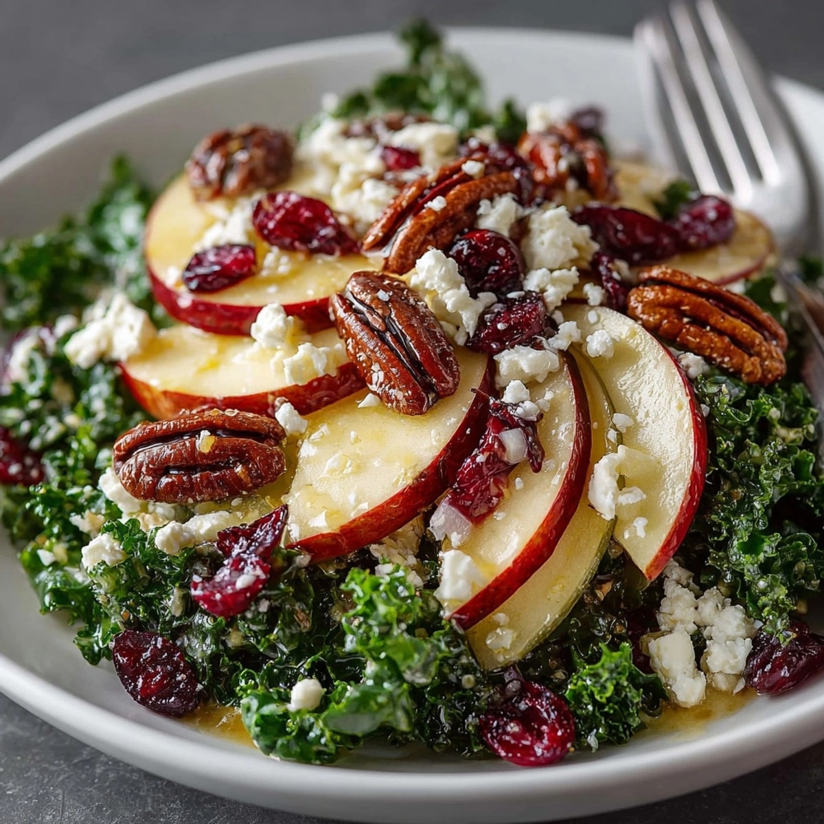 Autumn Kale Salad with Apples, Pecans & Maple Dressing tossed fresh with crisp apple slices and creamy feta
