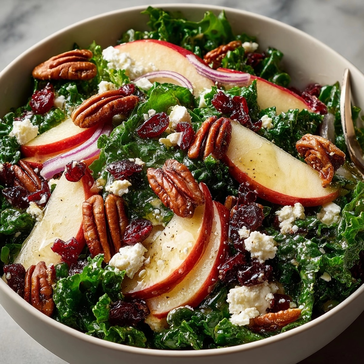 Vibrant Autumn Kale Salad with Apples, Pecans & Maple Dressing ready to serve for fall gatherings