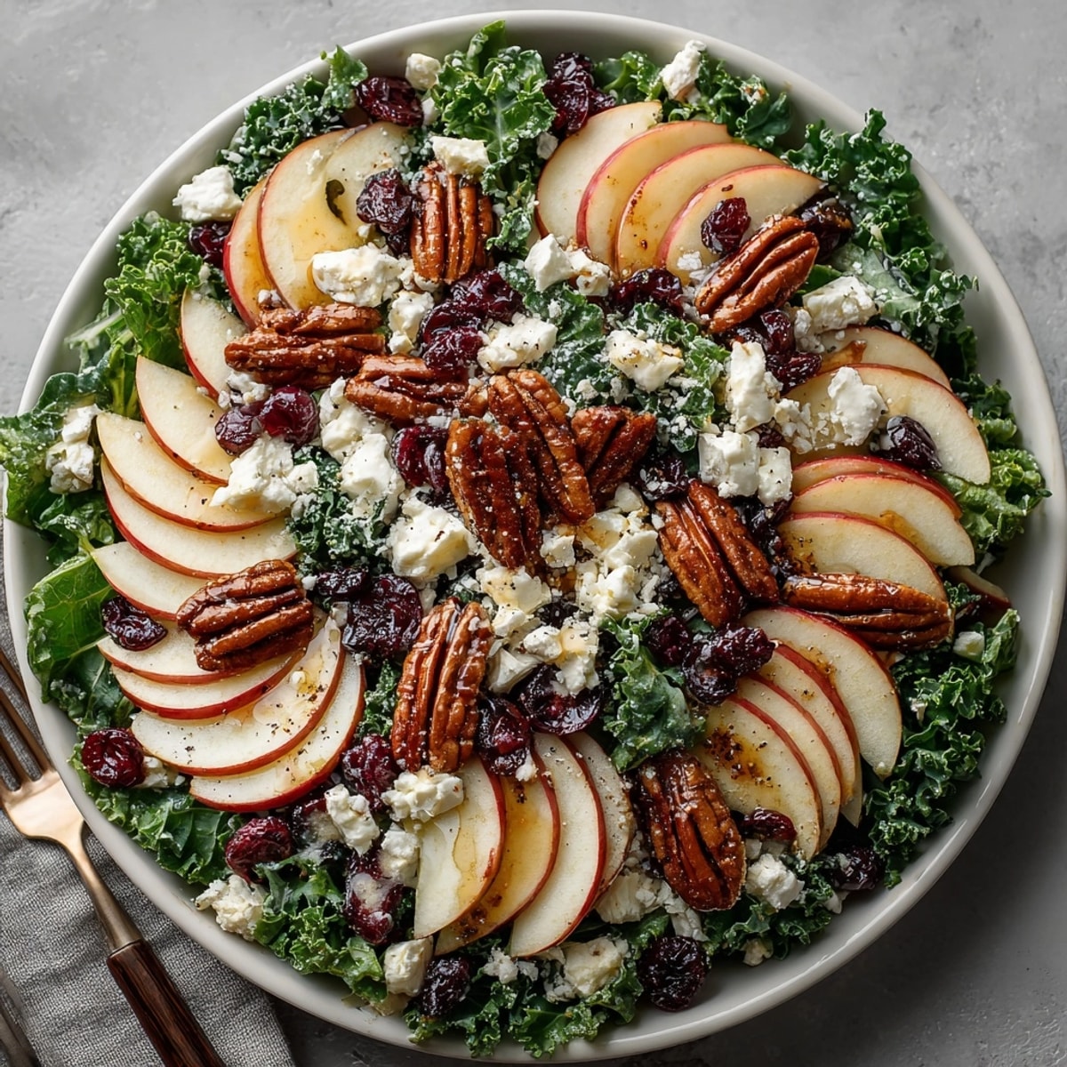 Toasted pecans and sweet-tart apples crown this Autumn Kale Salad with Maple Dressing for a festive table