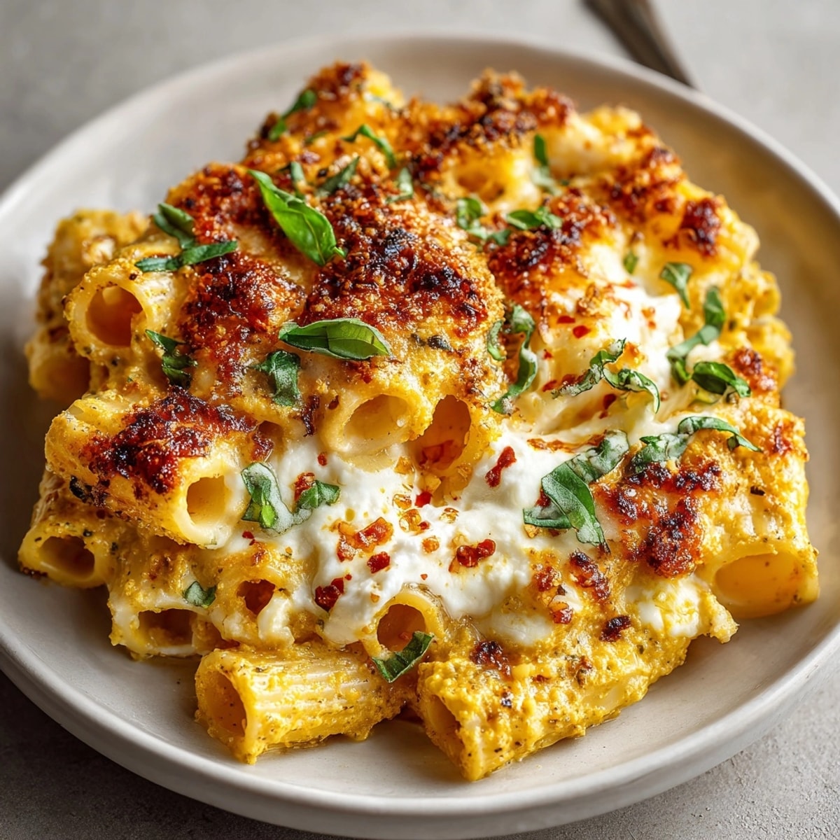 Pumpkin Burrata Baked Ziti Golden-Dusk served hot with bubbling cheese and fresh basil garnish.