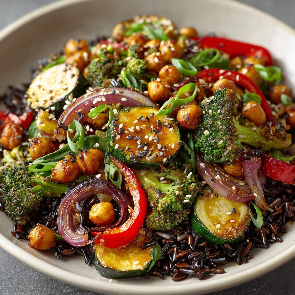 Colorful Wild Rice Chickpea Veggie Skillet with Miso Sauce served hot and garnished with sesame seeds