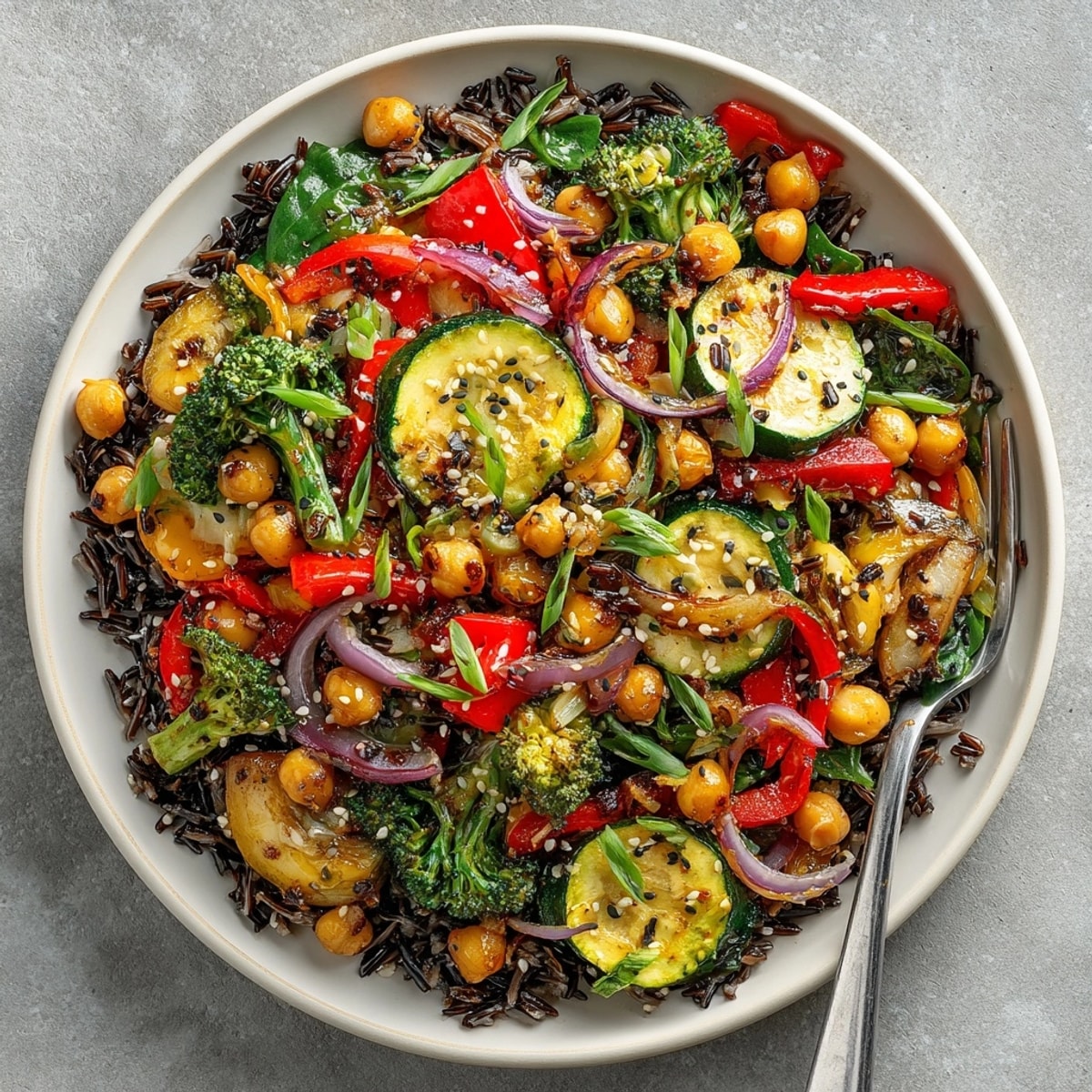 Freshly cooked wild rice chickpea veggie skillet topped with savory miso sauce and sliced scallions
